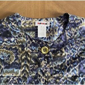 1990s Vintage Rodier Silk Blouse Top Blue Olive Ikat Women Size Small Retro